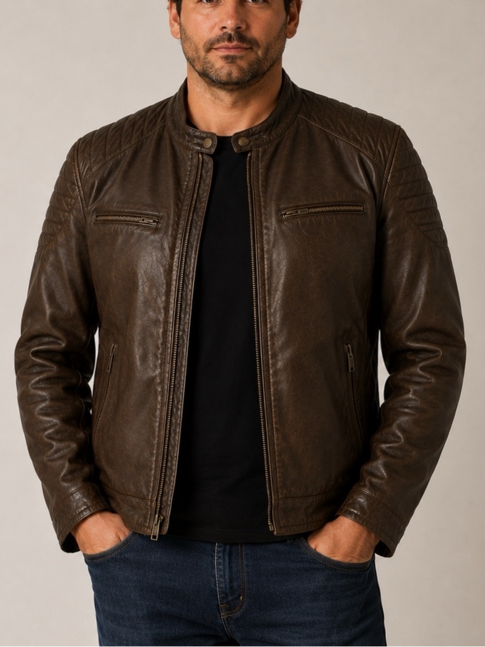 Black Rivet Men’s XXL Brown Genuine Leather Cafe Racer Moto Jacket